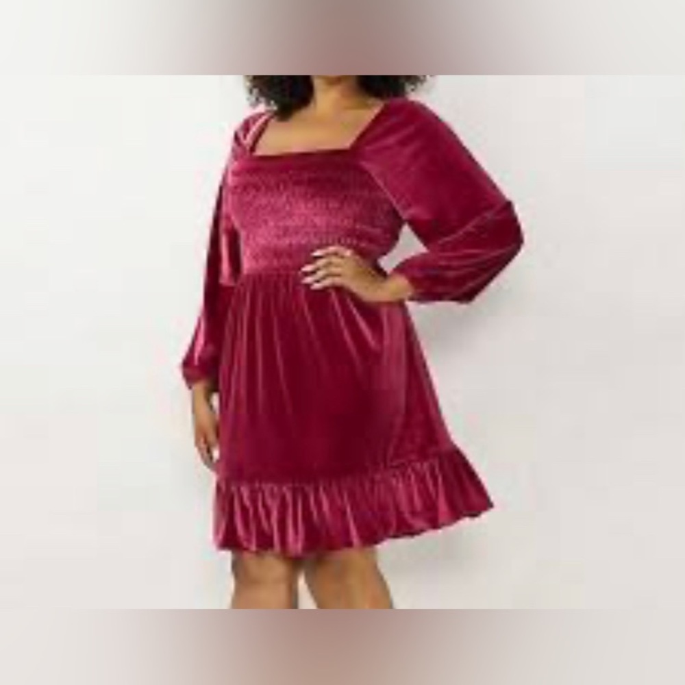 LC Lauren Conrad Red Velvet Long Sleeve Smocked Mini Dress Size Medium